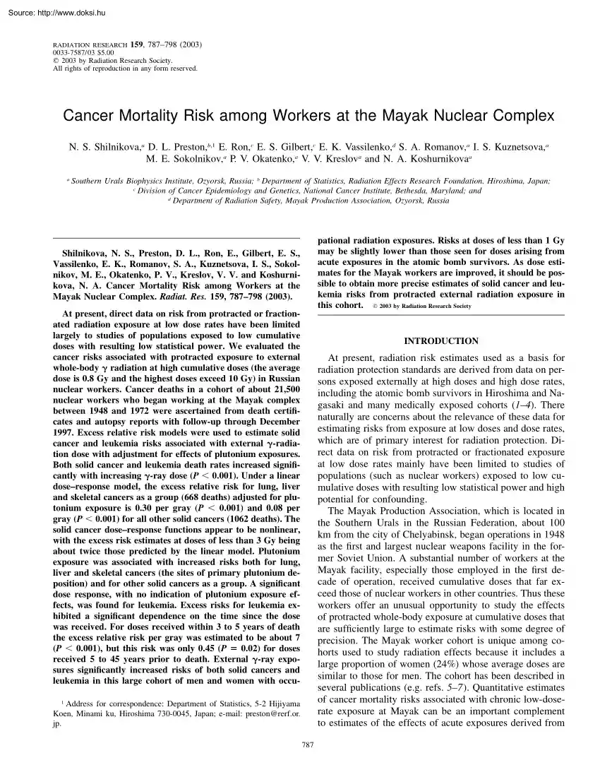 Shilnikova-Preston-Ron - Cancer Mortality Risk among Workers at the Mayak Nuclear Complex