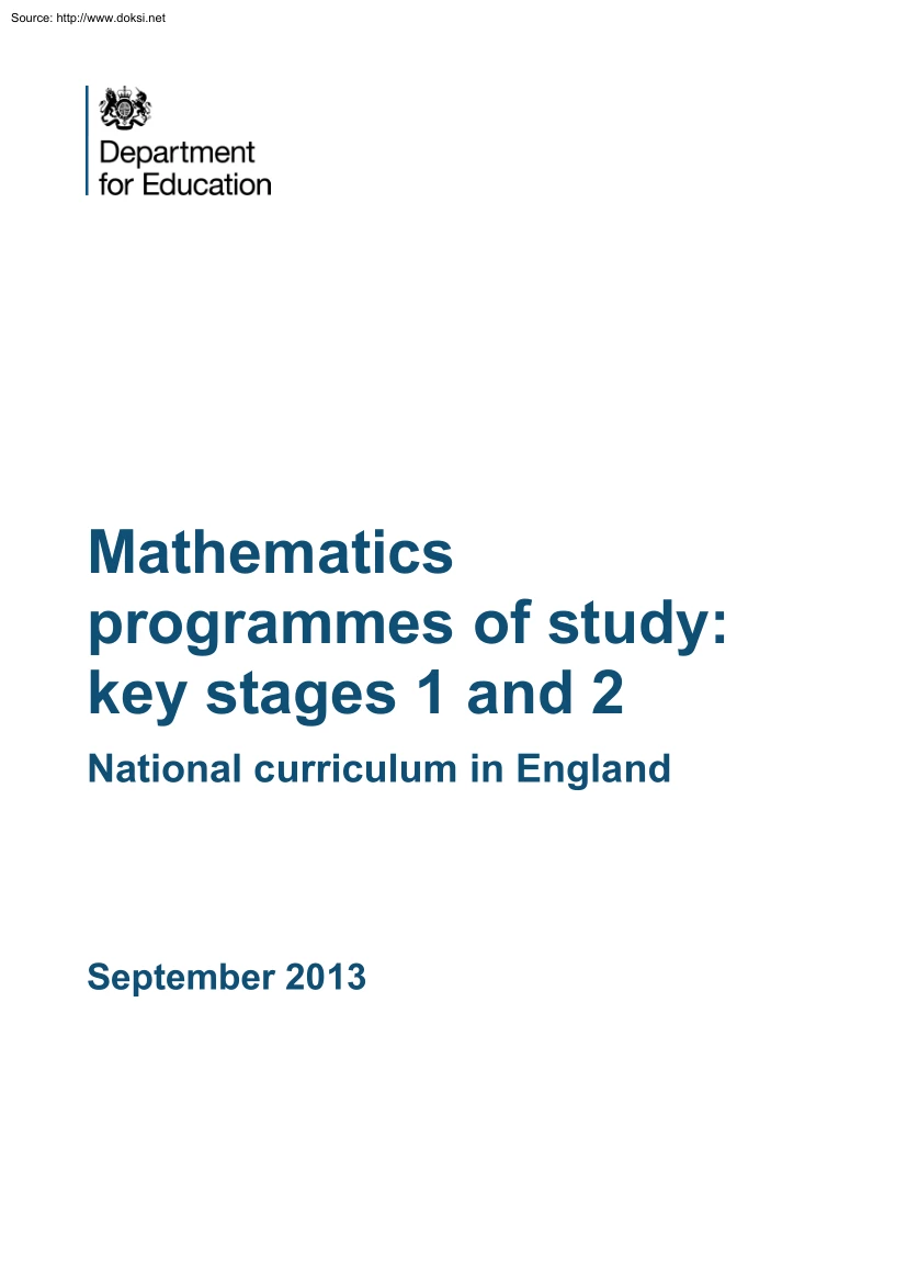 Mathematics Programmes of Study, Key Stages 1 and 2, National Curriculum in England
