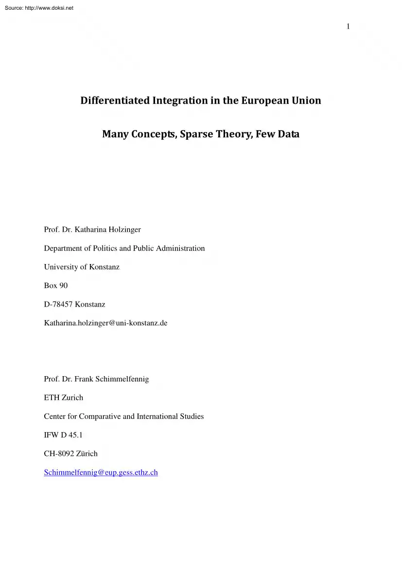 Holzinger-Schimmelfennig - Differentiated Integration in the European Union Many Concepts, Sparse Theory, Few Data
