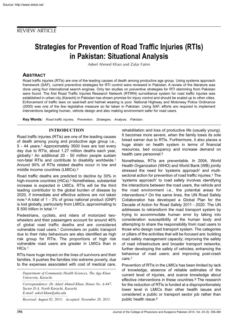 Khan-Fatmi - Strategies for Prevention of Road Traffic Injuries in Pakistan, Situational Analysis