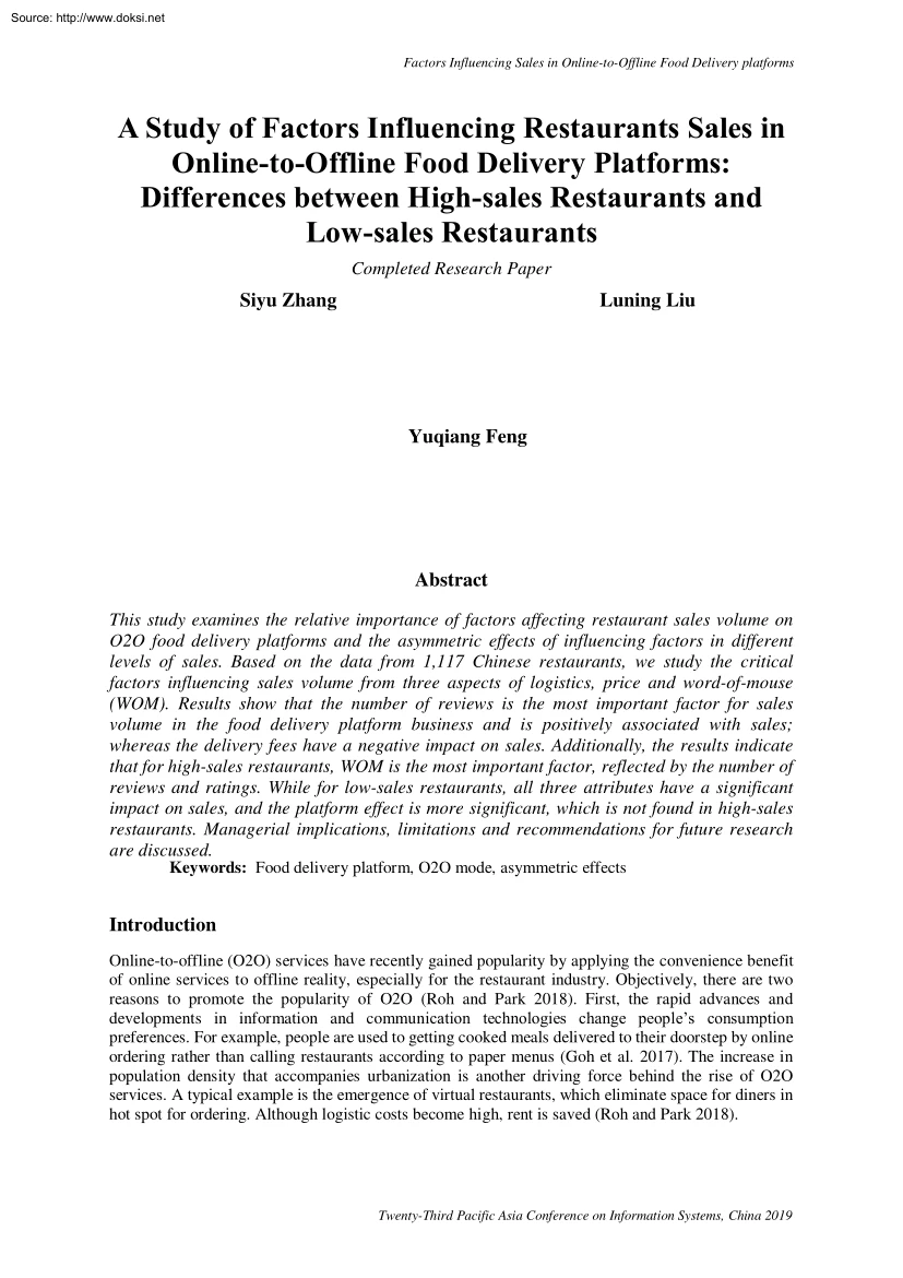Zhang-Liu-Feng - A Study of Factors Influencing Restaurants Sales in Online-to-Offline Food Delivery Platforms