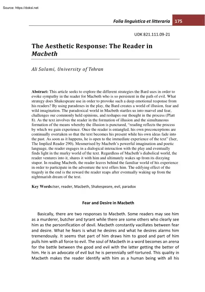 Ali Salami - The Aesthetic Response, The Reader in Macbeth