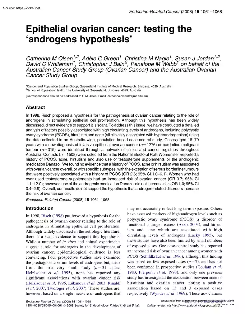 Olsen-Green-Nagle - Epithelial Ovarian Cancer, Testing the Androgens Hypothesis
