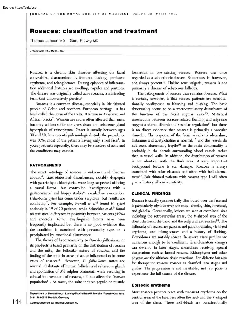 Jansen-Plewig - Rosacea, Classification and Treatment