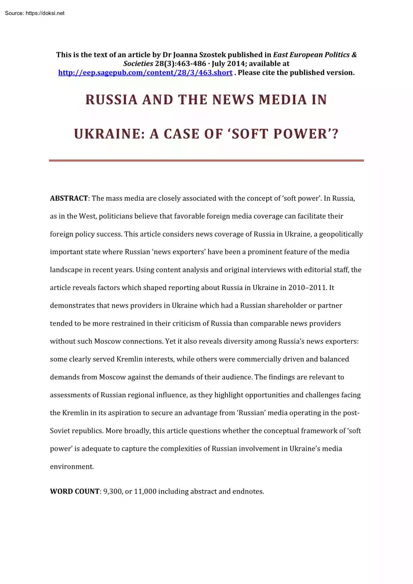 Russia and the News Media in Ukraine, A Case of Soft Power