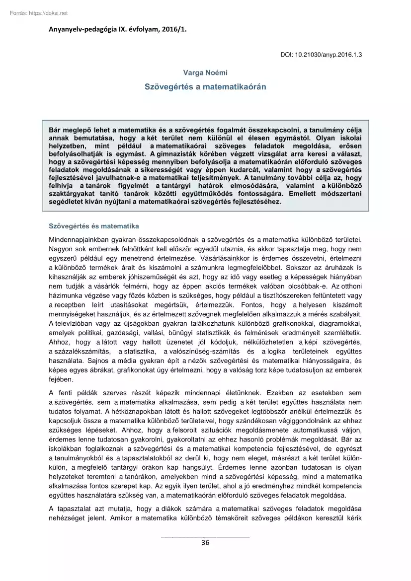 Varga Noémi - Szövegértés a matematikaórán