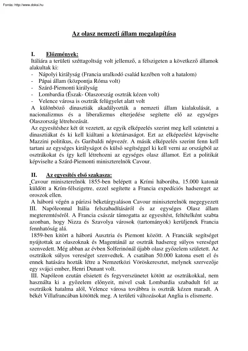 Az olasz nemzeti állam megalapítása