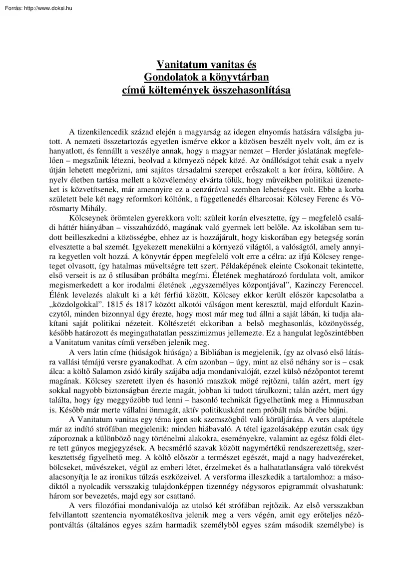 Vanitatum vanitas és Gondolatok a könyvtárban című költemények összehasonlítása