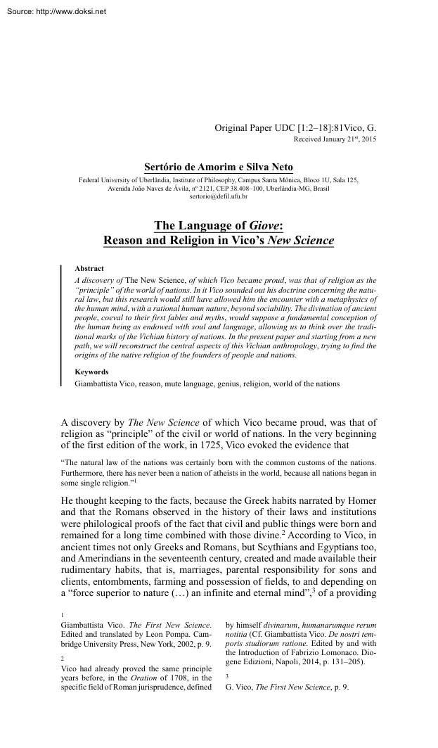 The Language of Giove, Reason and Religion in Vicos New Science