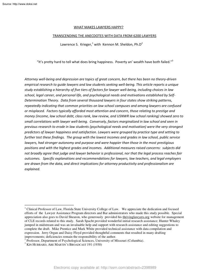 Krieger-Sheldon - What Makes Lawyers Happy, Transcending the Anecdotes with Data from 6200 Lawyers