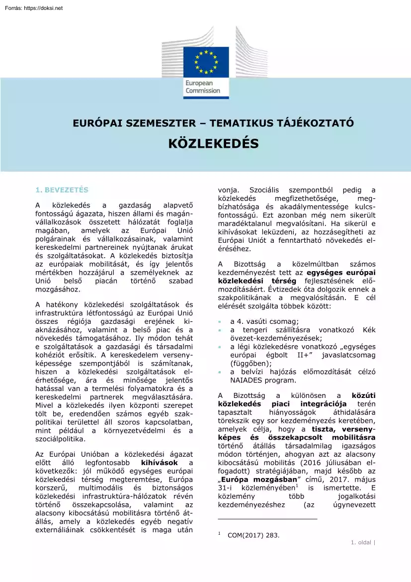 Európai szemeszter tematikus tájékoztató, közlekedés
