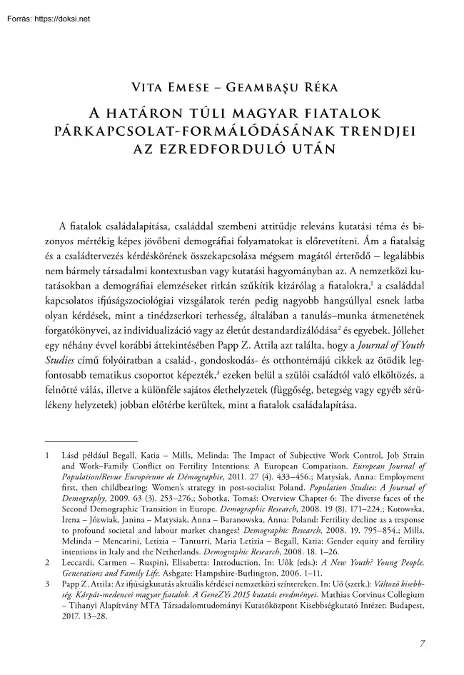 Vita-Geambasu - A határon túli magyar fiatalok párkapcsolat-formálódásának trendjei az