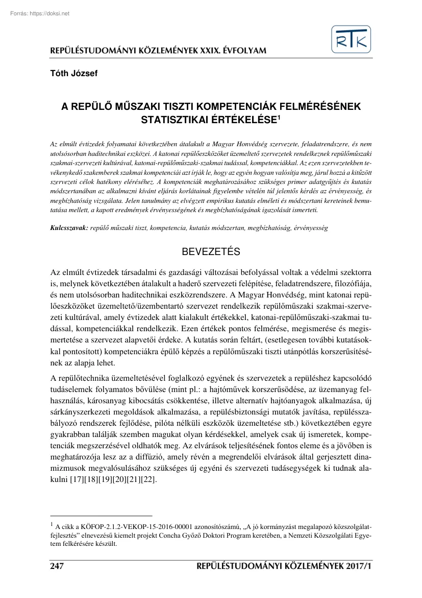 Tóth József - A repülő műszaki tiszti kompetenciák felmérésének statisztikai értékelése