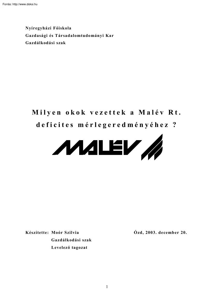 Moór Szilvia - Milyen okok vezettek a Malév Rt. deficites mérlegeredményéhez?