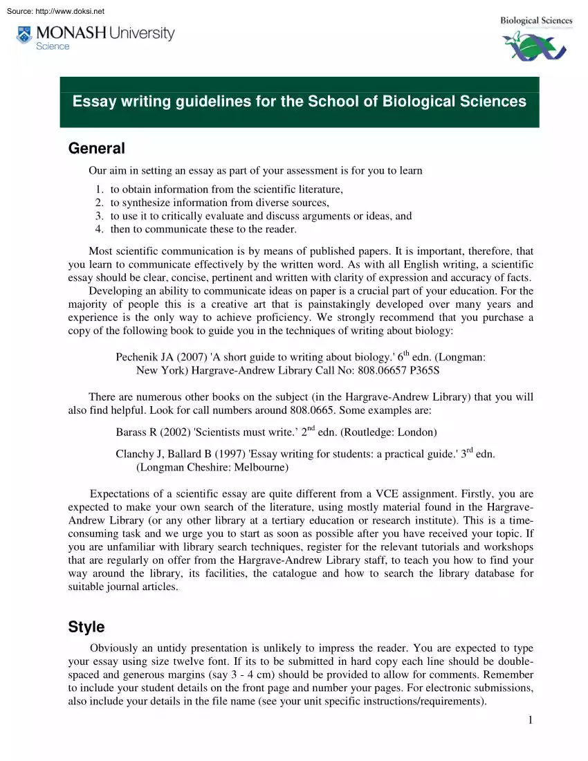 Essay Writing Guidelines for the School of Biological Sciences