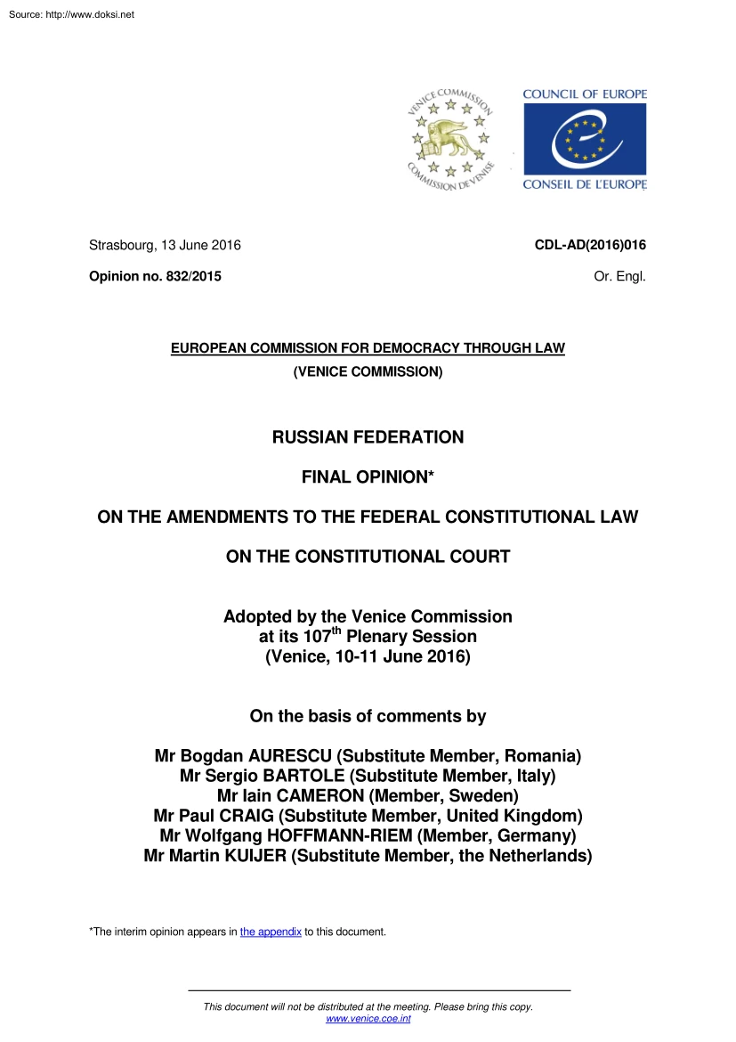 Aurescu-Bartole-Cameron - Final Opinion on the Amendments to the Federal Constitutional law on the Constitutional Court
