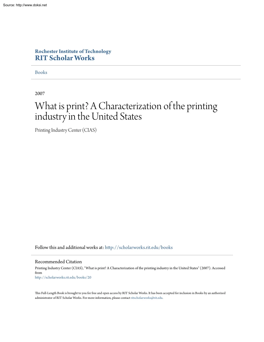 What is print, A Characterization of the Printing Industry in the United States