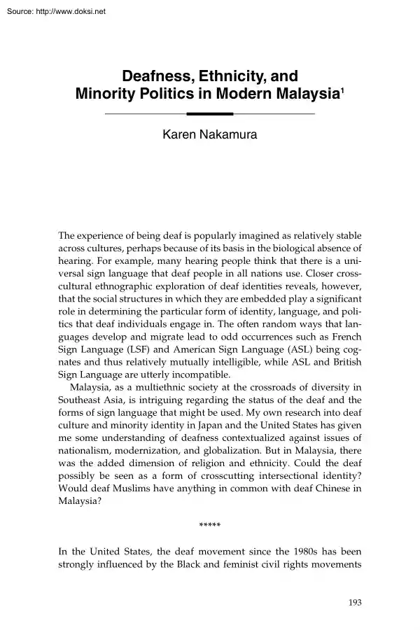Karen Nakamura - Deafness, Ethnicity, and Minority Politics in Modern Malaysia