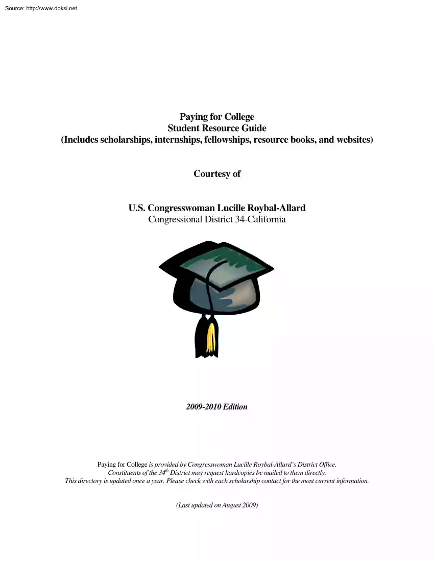Paying for College, Student Resource Guide, Courtesy of U.S. Congresswoman Lucille Roybal Allard