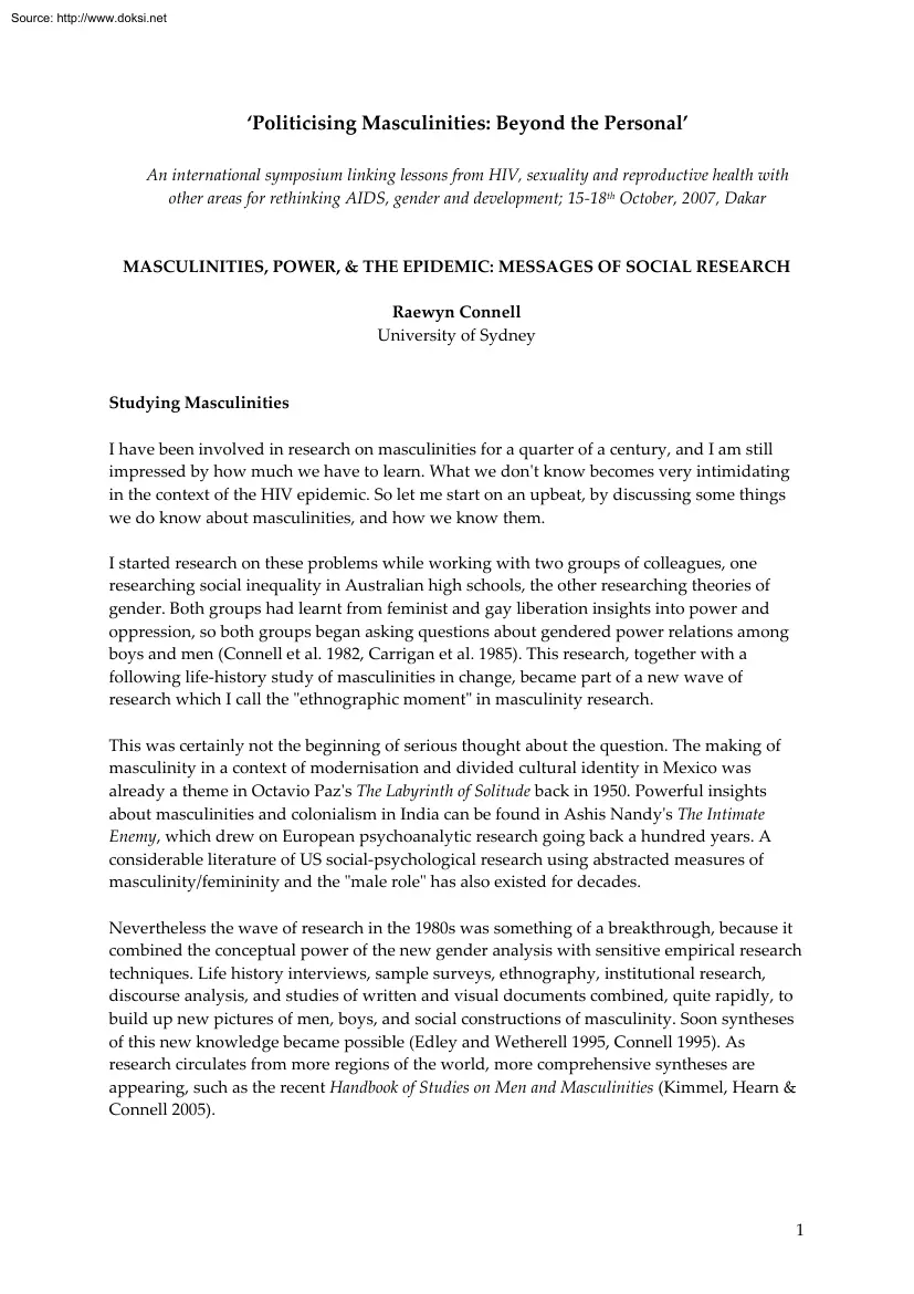 Raewyn Connell - Masculinities, Power and the Epidemic, Messages of Social Research