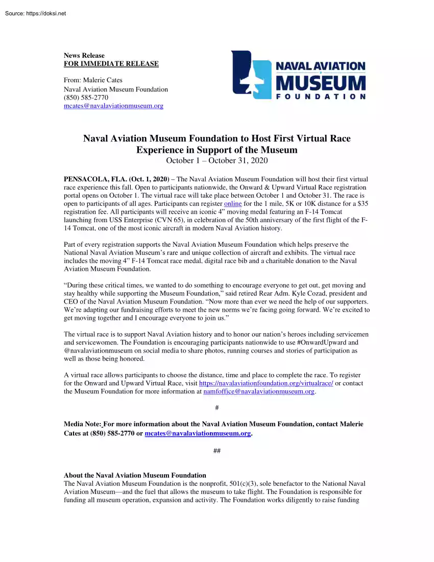 Naval Aviation Museum Foundation to Host First Virtual Race Experience in Support of the Museum