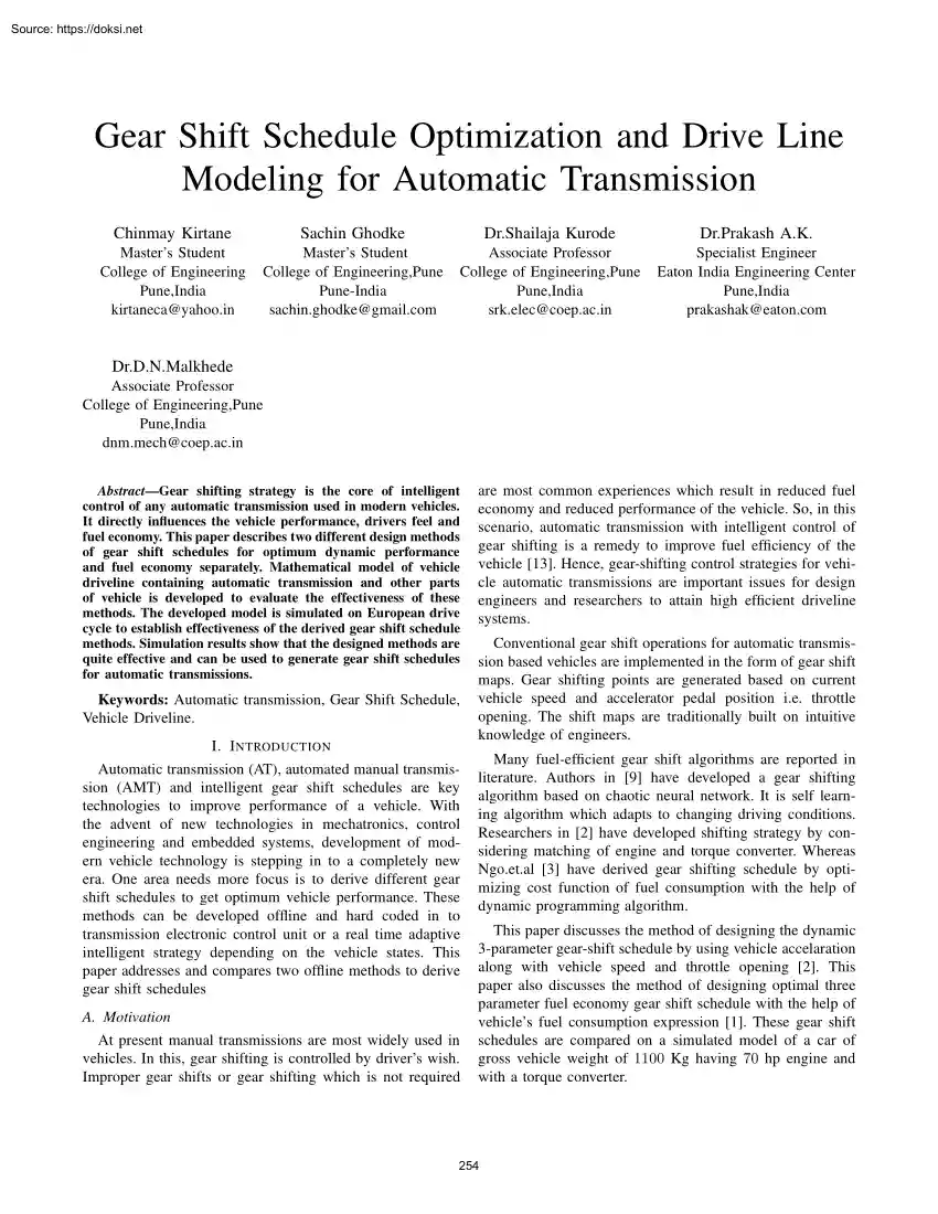 Gear Shift Schedule Optimization and Drive Line Modeling for Automatic Transmission