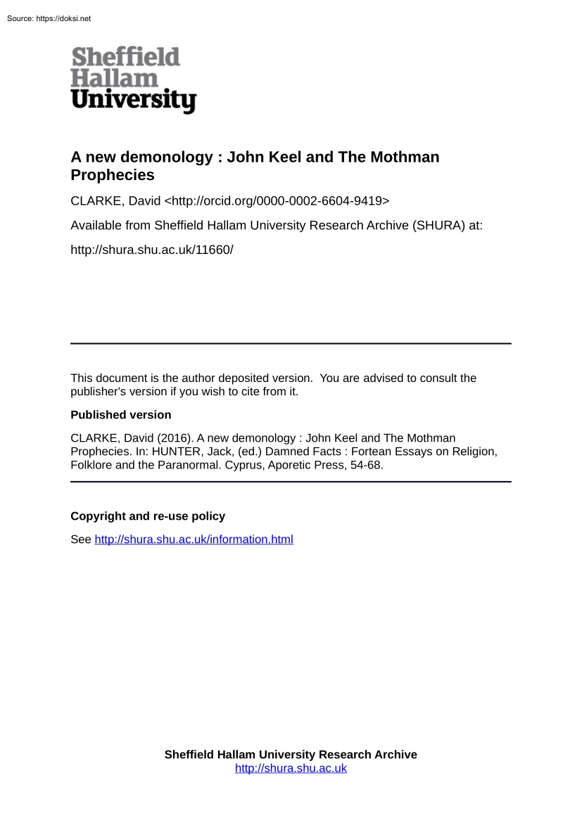 David Clarke - A new demonology, John Keel and The Mothman Prophecies