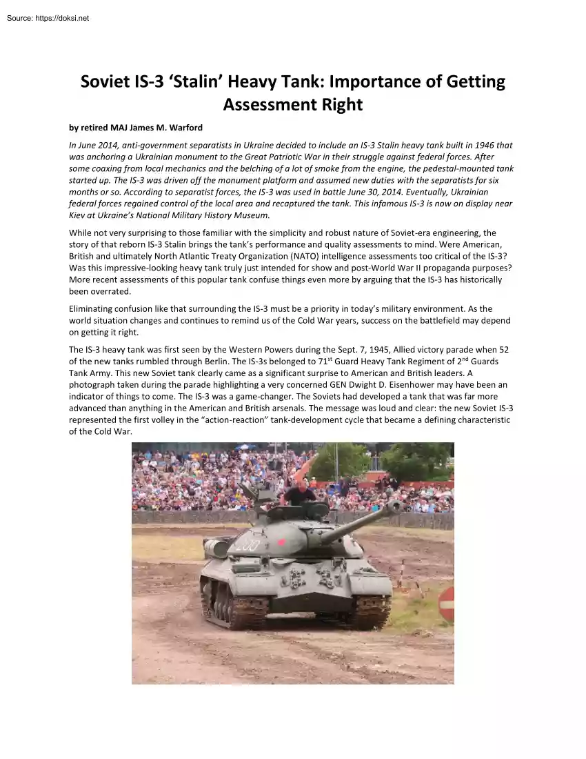 James M. Warford - Soviet IS3 Stalin Heavy Tank, Importance of Getting Assessment Right