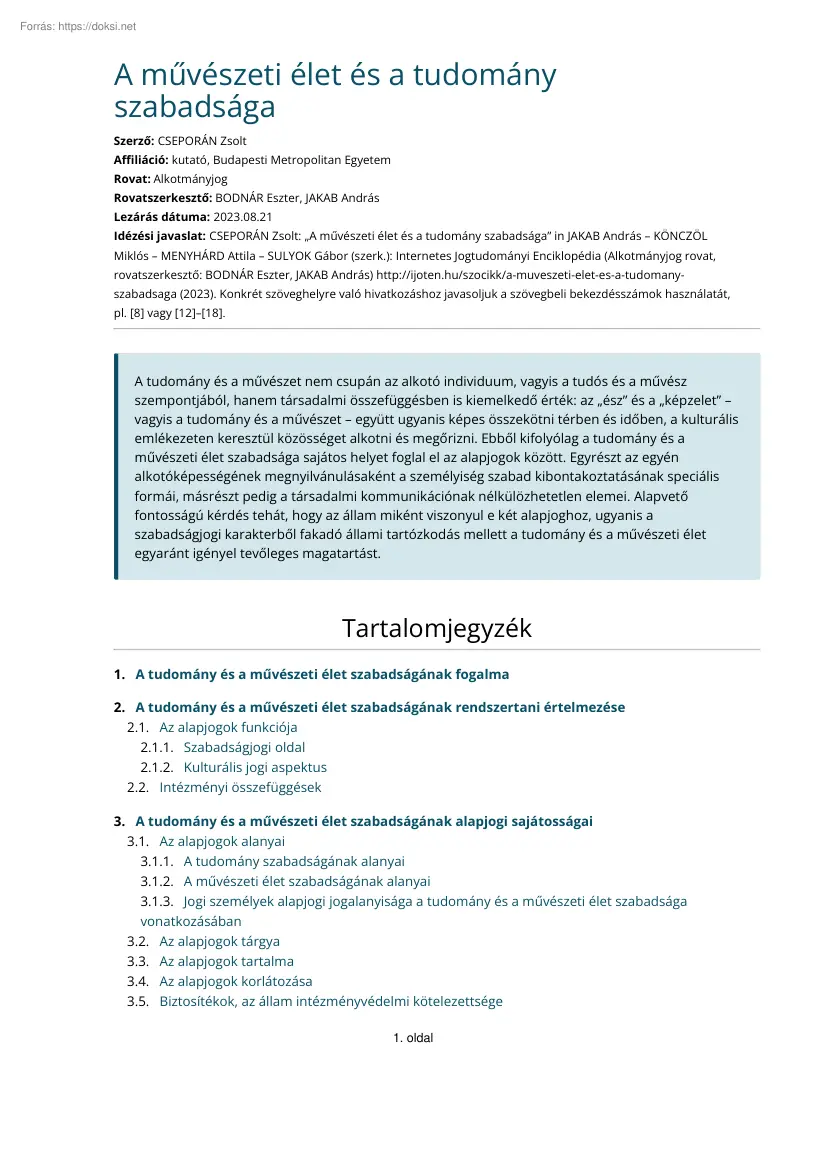 Cseopán Zsolt - A művészeti élet és a tudomány szabadsága