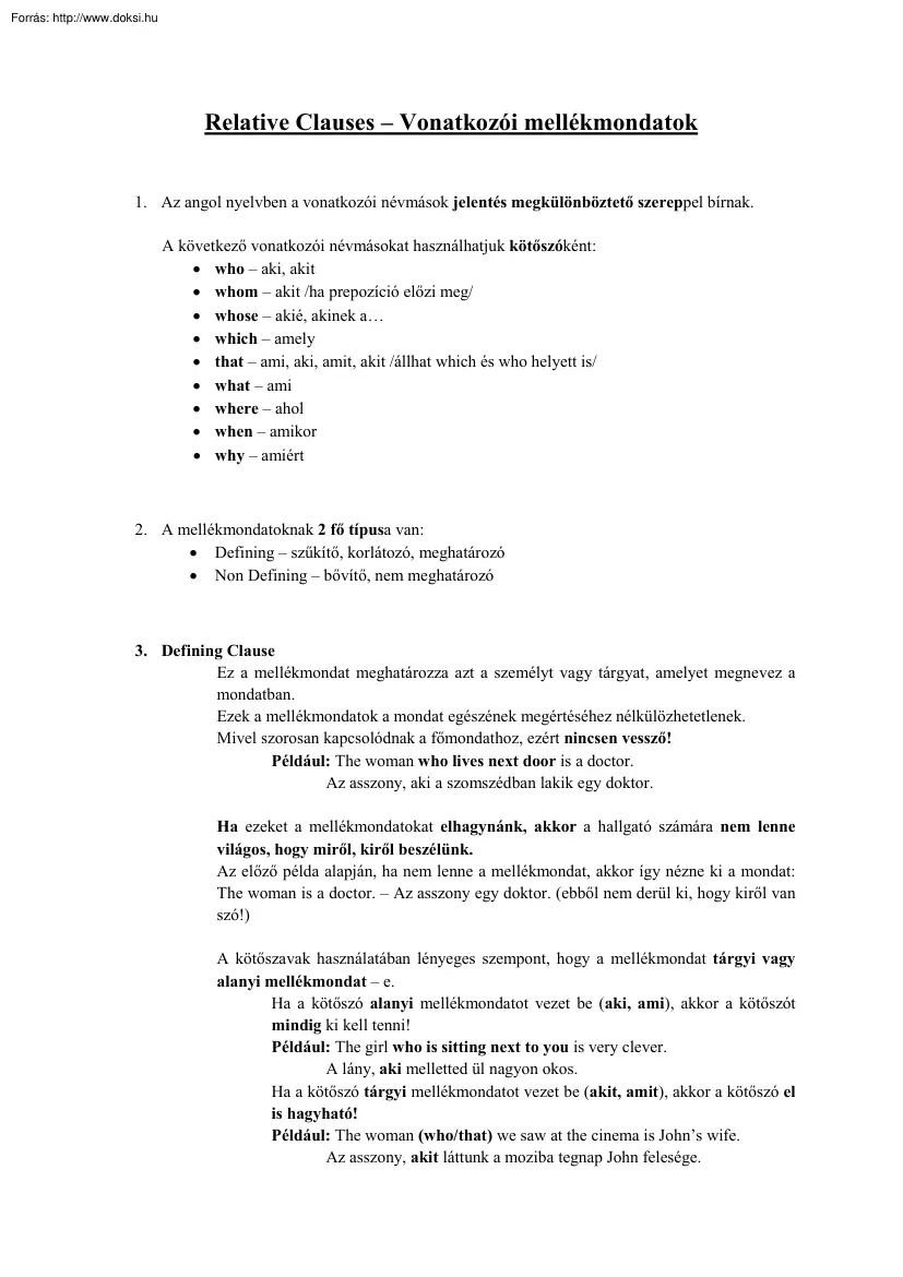 Relative Clauses, Vonatkozói mellékmondatok