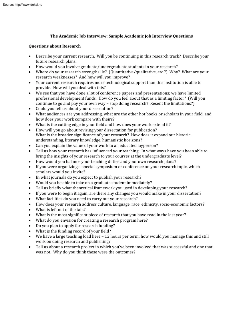 The academic job interview, Sample academic job interview questions