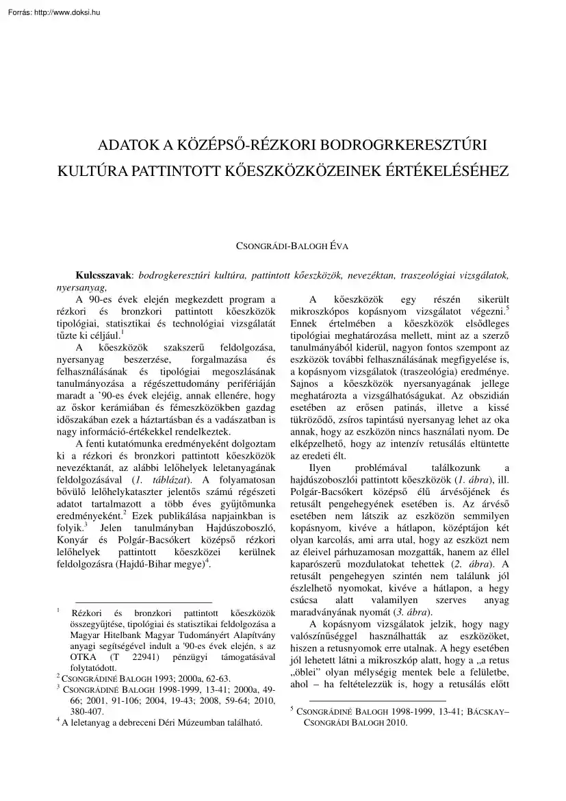 Csongrádi-Balogh Éva - Adatok a középső rézkori bodrogkeresztúri kultúra pattintott kőeszközeinek értékeléséhez