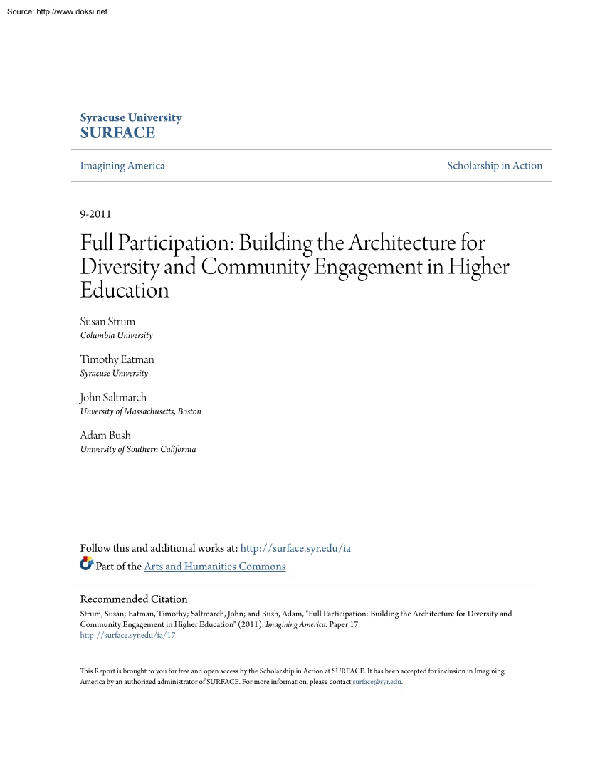 Strum-Eatman-Saltmarch - Full Participation, Building the Architecture for Diversity and Community Engagement in Higher Education