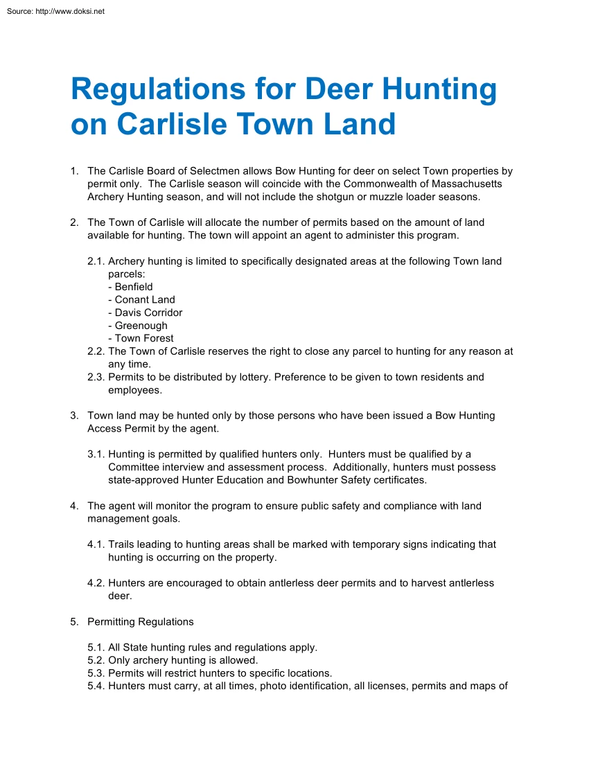 Regulations for Deer Hunting on Carlisle Town Land