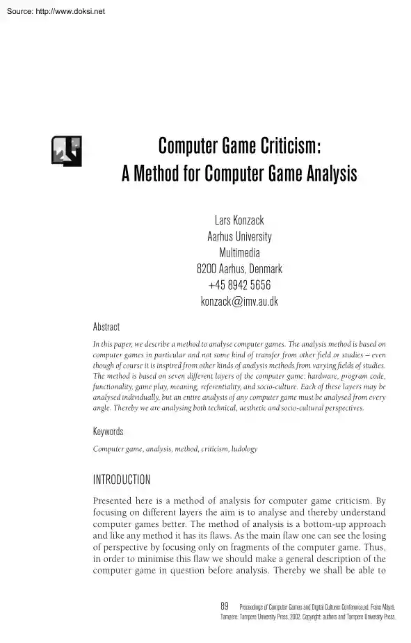 Lars Konzack - Computer Game Criticism, A Method for Computer Game Analysis