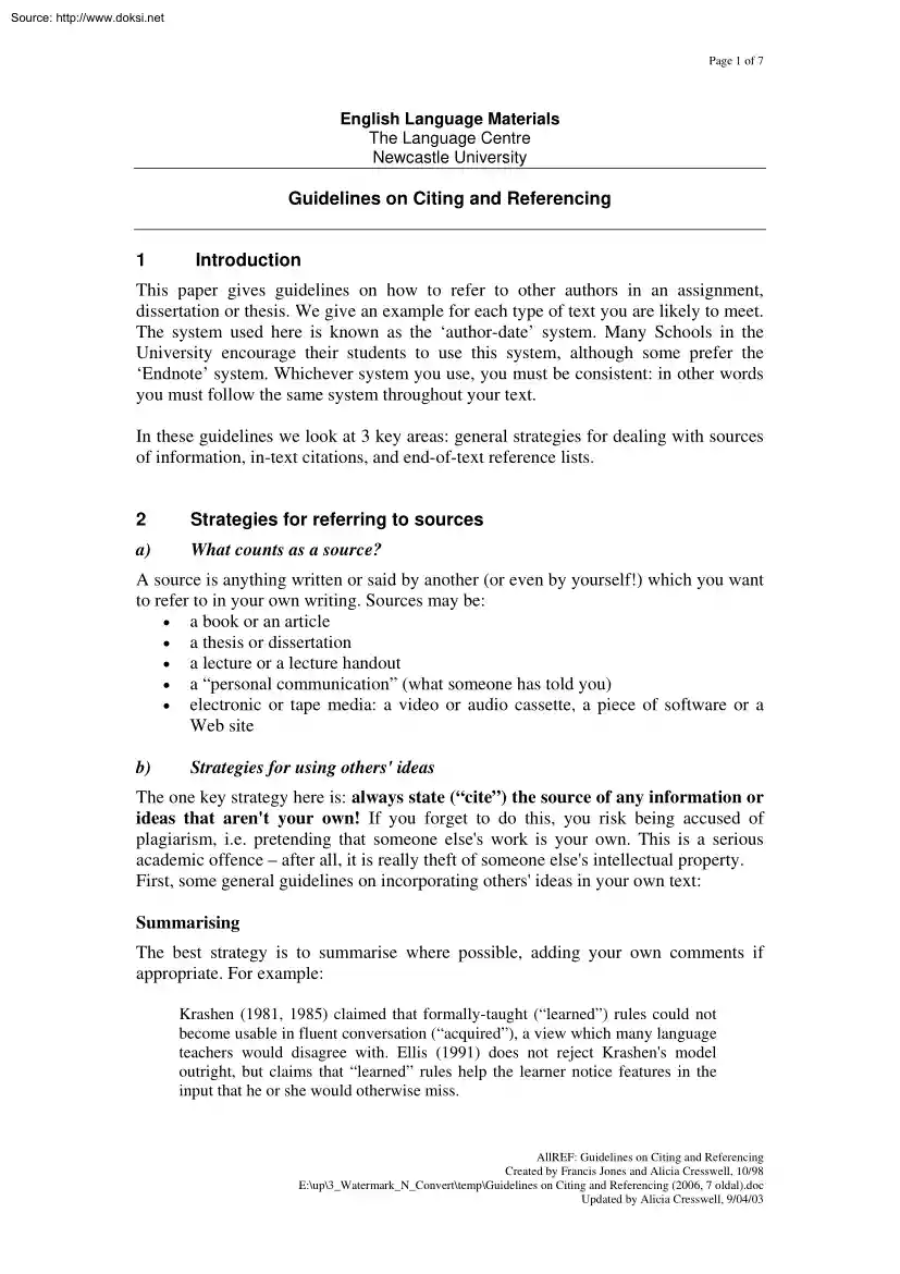 Guidelines on Citing and Referencing