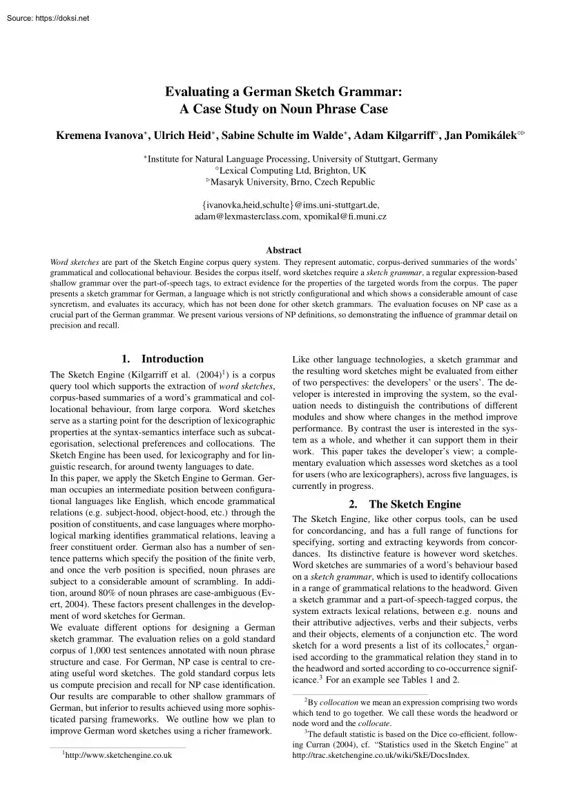 Ivanova-Heid-Walde - Evaluating a German Sketch Grammar, A Case Study on Noun Phrase Case