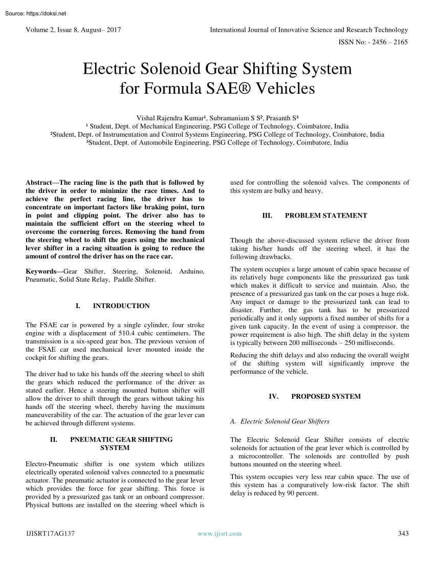 Electric Solenoid Gear Shifting System for Formula SAE Vehicles