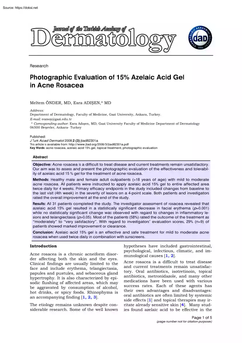 Önder-Adisen - Photographic Evaluation of 15% Azelaic Acid Gel in Acne Rosacea