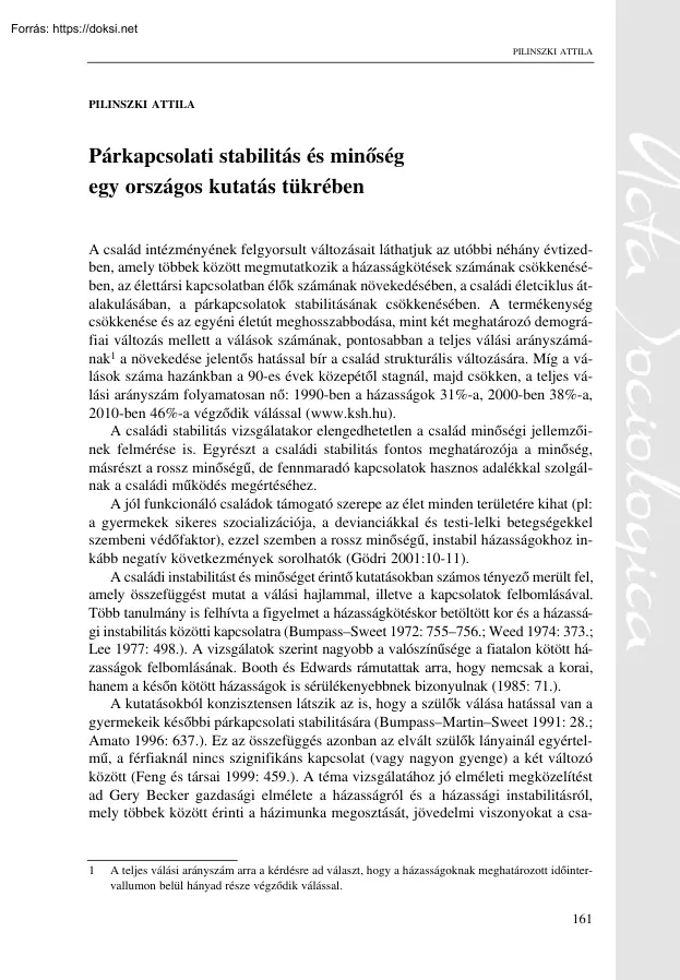 Pilinszki Attila - Párkapcsolati stabilitás és minőség egy országos kutatás tükrében