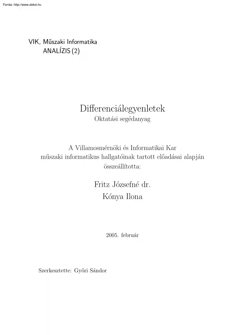 Fritz-Kónya - Differenciálegyenletek, oktatási segédanyag