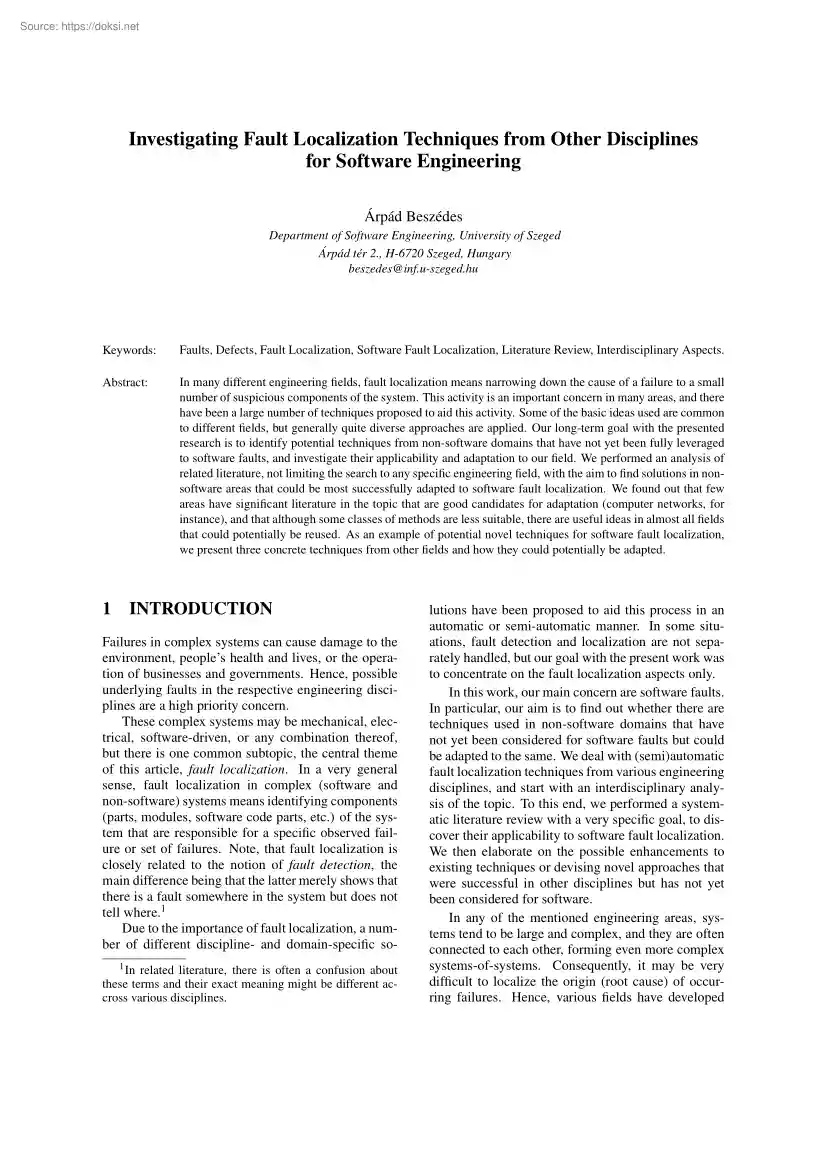 Árpád Beszédes - Investigating Fault Localization Techniques from Other Disciplines for Software