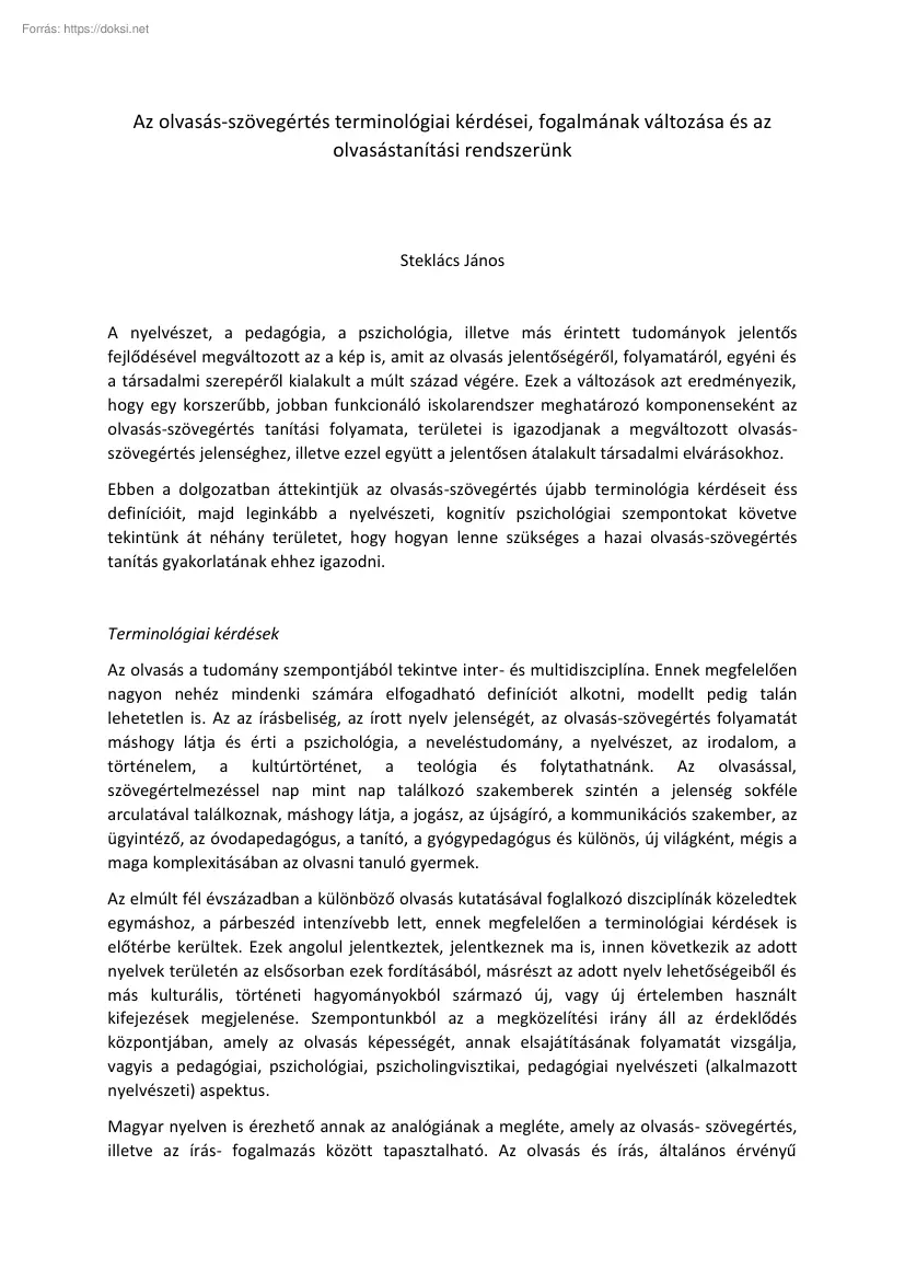 Steklács János - Az olvasás-szövegértés terminológiai kérdései, fogalmának változása