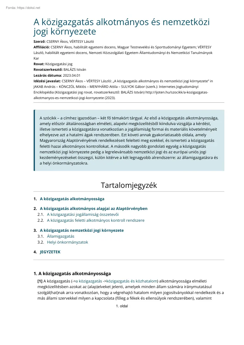 Cserny-Vértesy - A közigazgatás alkotmányos és nemzetközi jogi környezete