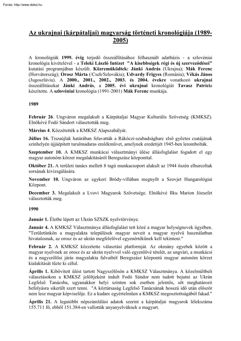 Az ukrajnai (kárpátaljai) magyarság történeti kronológiája (1989-2005)