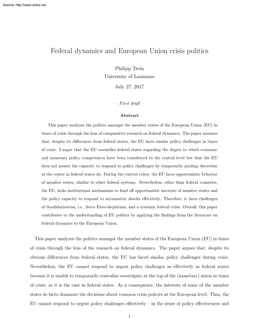 Philipp Trein - Federal Dynamics and European Union Crisis Politics