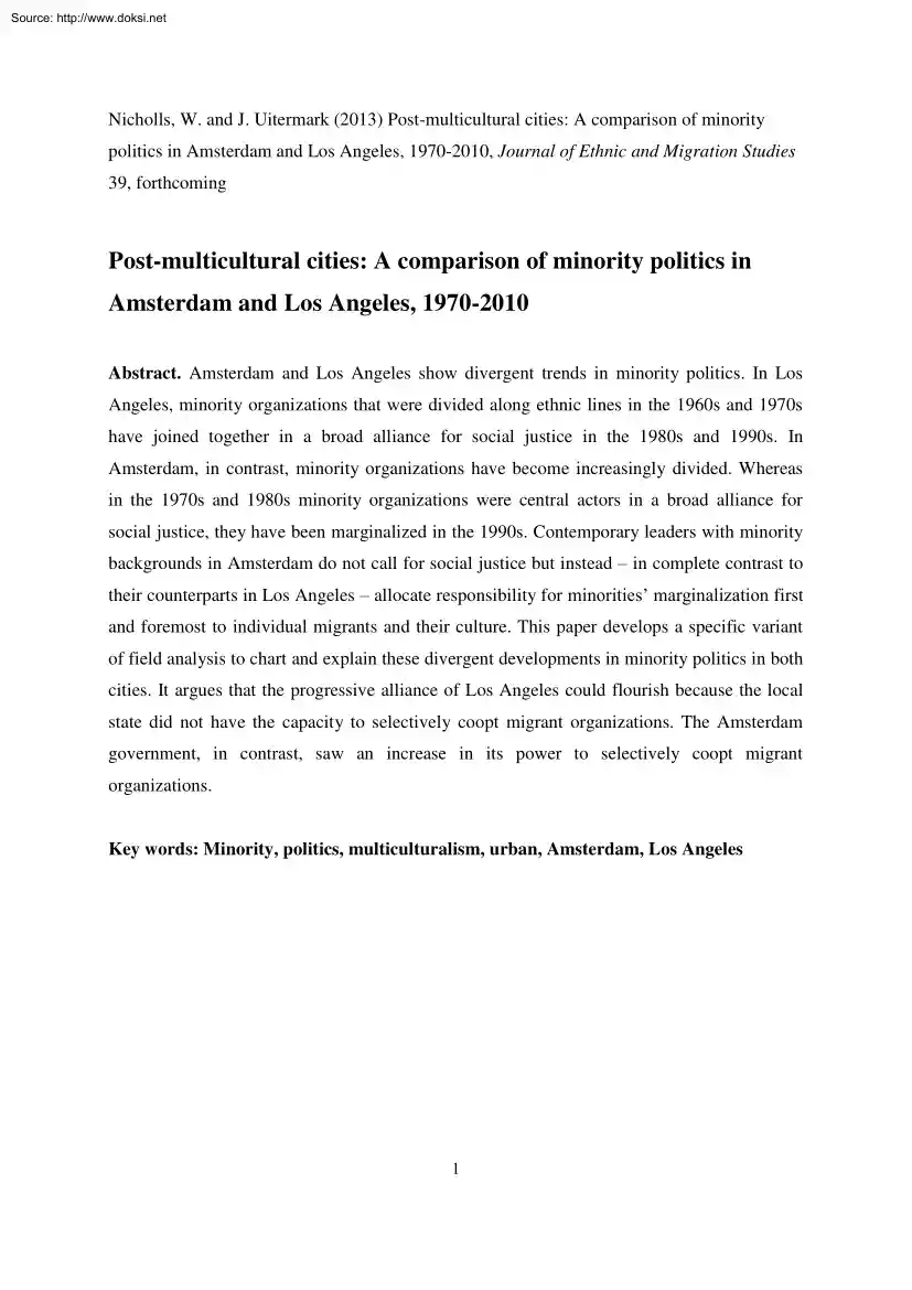 Nicholls-Uitermark - Post Multicultural Cities, A Comparison of Minority Politics in Amsterdam and Los Angeles, 1970-2010