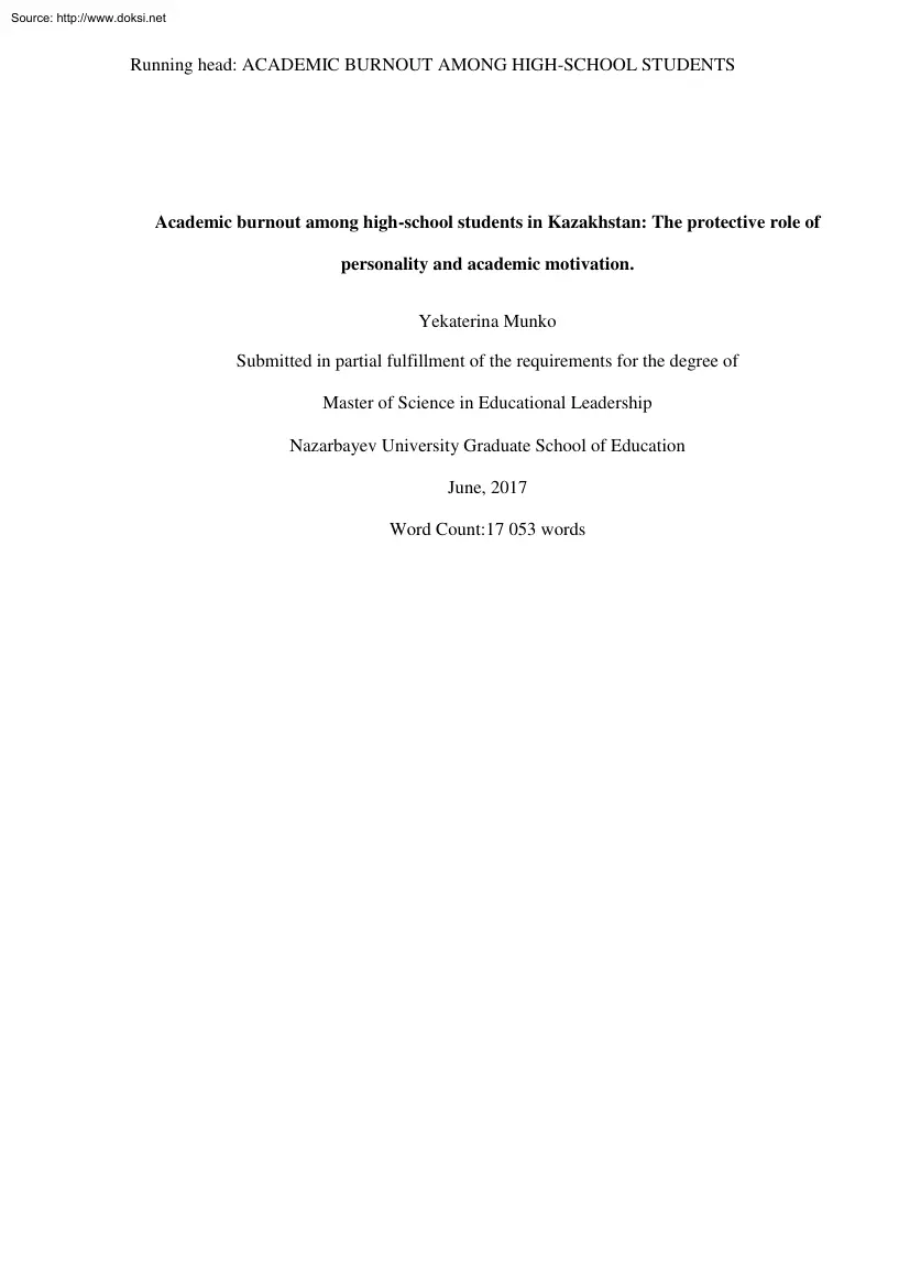 Yekaterina Munko - Academic Burnout among High-school Students in Kazakhstan, The Protective Role