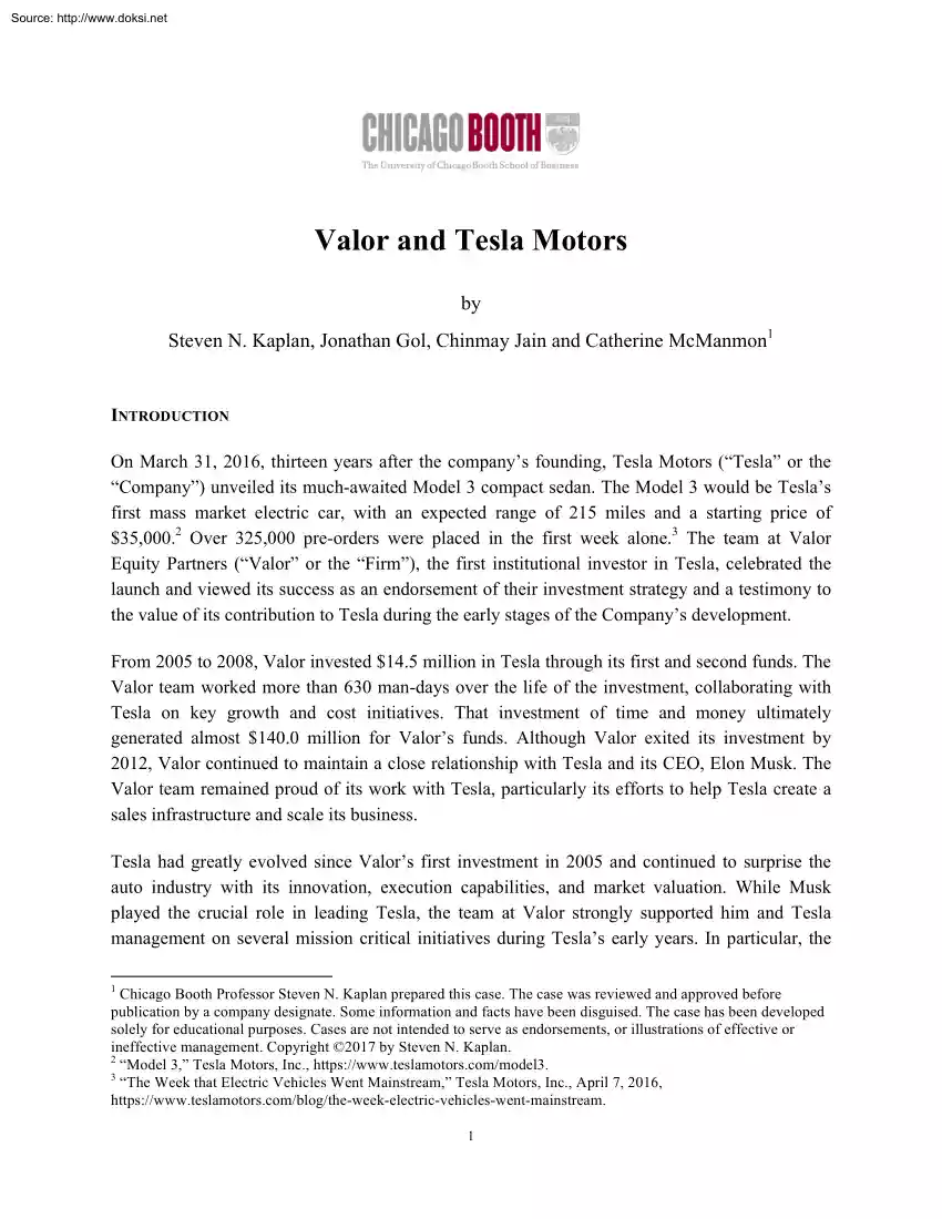 Kaplan-Gol-Jain - Valor and Tesla Motors