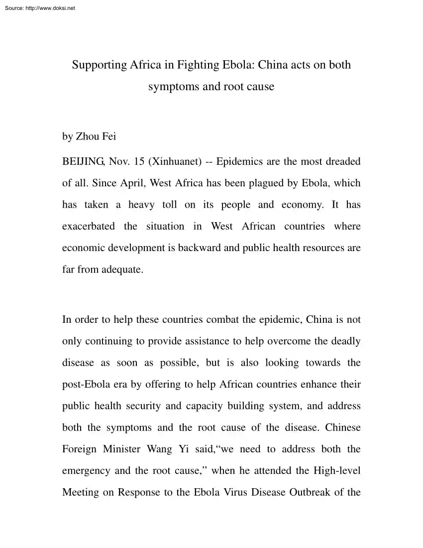 Zhou Fei - Supporting Africa in Fighting Ebola, China Acts on Both Symptoms and Root Cause
